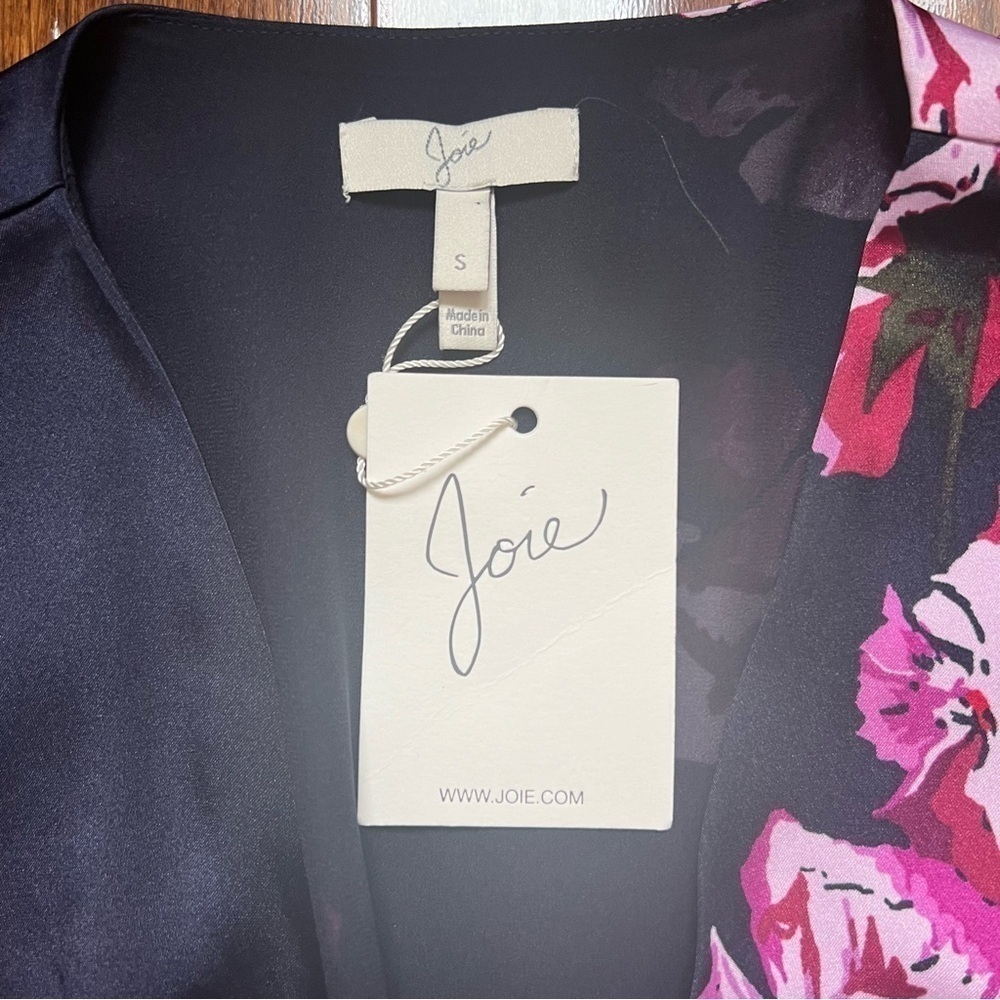 [NWT] Joie Navy Pink Floral Print Silky Satin Wrap Long Sleeve Midi Dress - Sz S - Picture 9 of 15